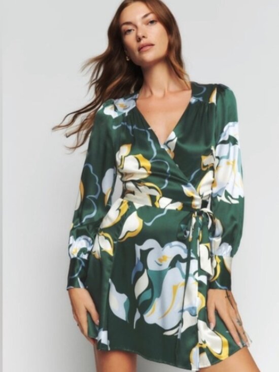 Reformation Dresses & Skirts - NWOT Reformation Chrissy Dress Floral Silk Wrap Mini Dress in Lyra Green XS $278